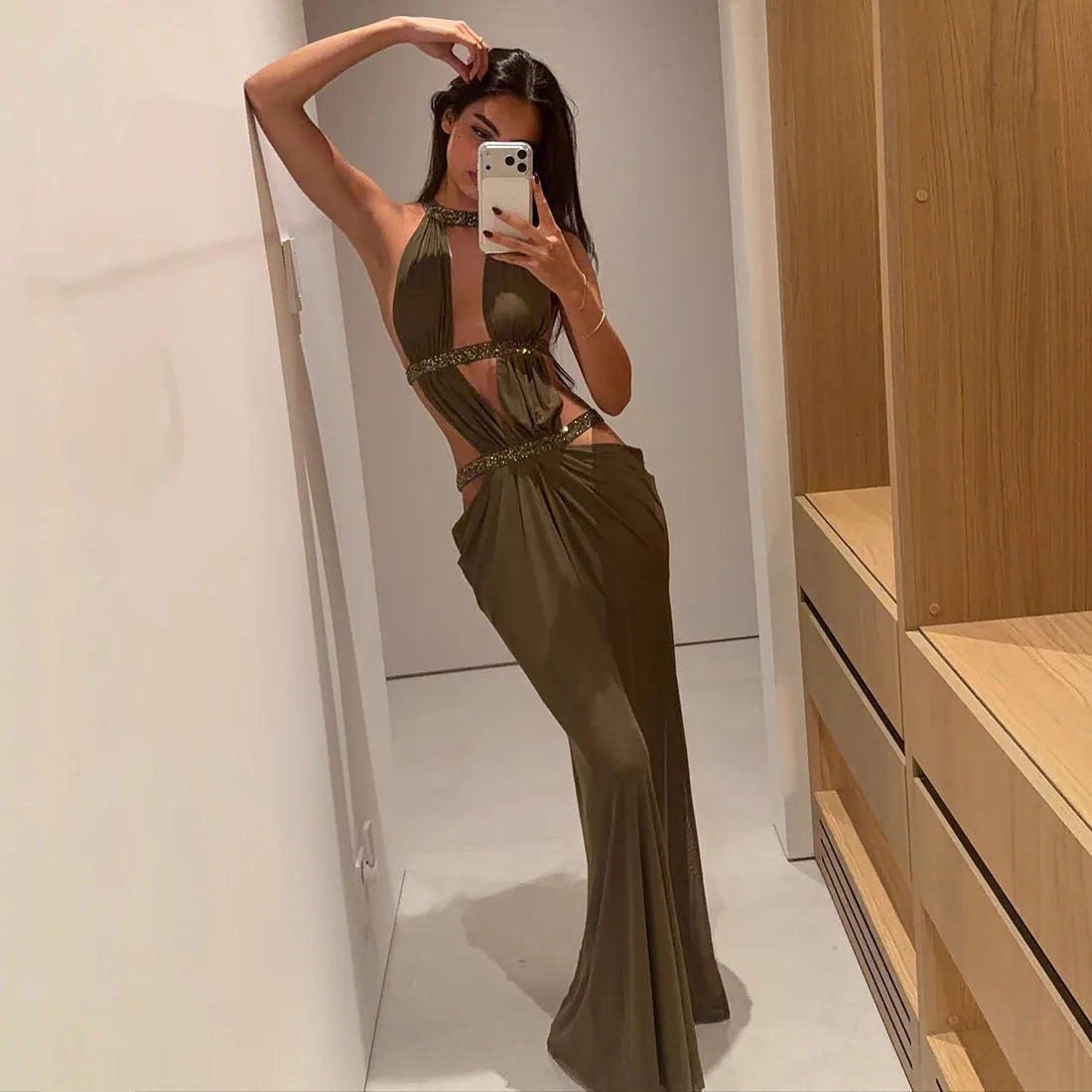 Sexy Women's Maxi Dress Halter Hollow Out Backless Sleeveless Ruched Evening Long Dresses Party Chic Robe Green Purple Summer