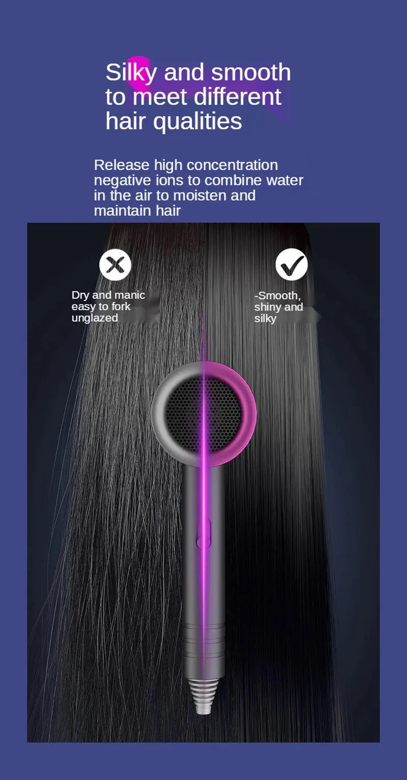 Grey high-speed negative ion hair dryer smoothing frizzy hair with professional cold and hot air salon technology.