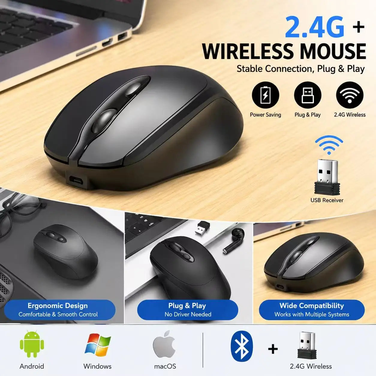 Rechargeable Wireless Computer Mouse 2.4G Bluetooth-Compatible Wireless Mouse USB Silent Gamer Mice For PC Laptop Macbook Tablet