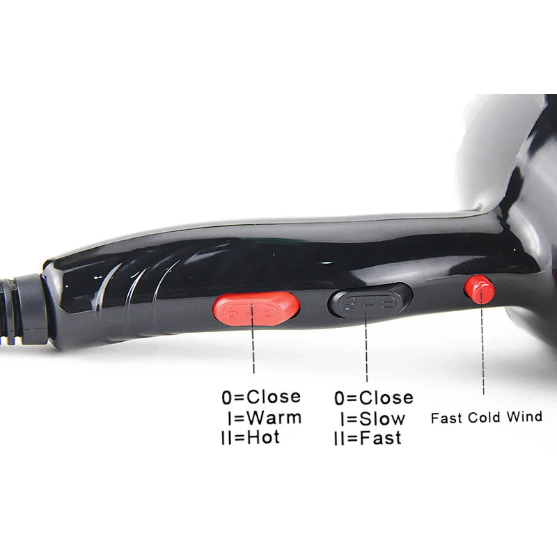 Professional black 2100W hair dryer handle with adjustable heat, speed, and cold shot settings for salon styling.