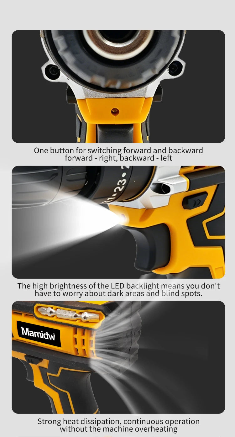 Mamidw Brushless Electric Drill, Ergonomic Design, Durable Structure, Compact Design, Sturdy Construction, Drilling Machine, Electric Drill, Comes with a Complete Tool Set, Compatible with Makita 18V Battery PIN.