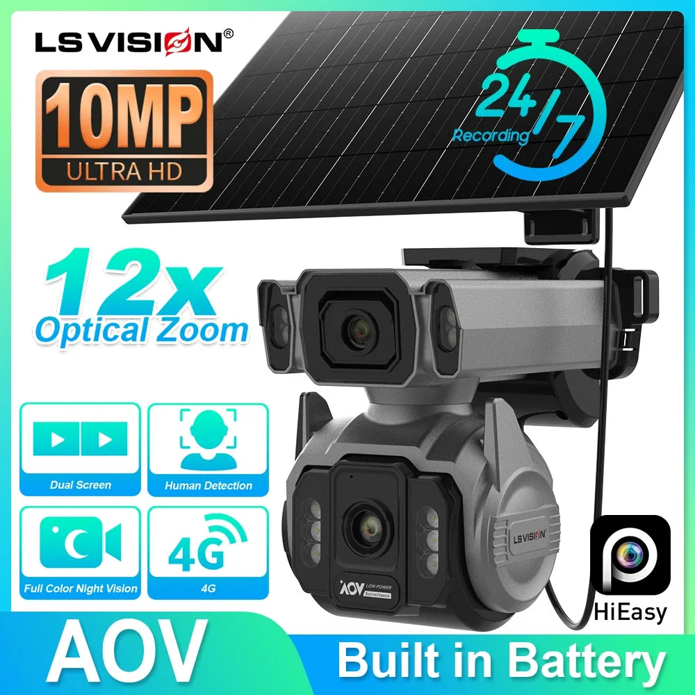 LS VISION AOV AI Tracking Outdoor Surveillance Camera 12X Optical Zoom Cctv Camera 4G Cloud SIM Dual Screen  24/7 Video Record