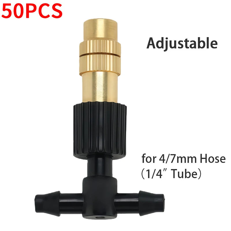 Adjustable brass mist nozzle tee connector, black for 4/7mm hose, 50-pack