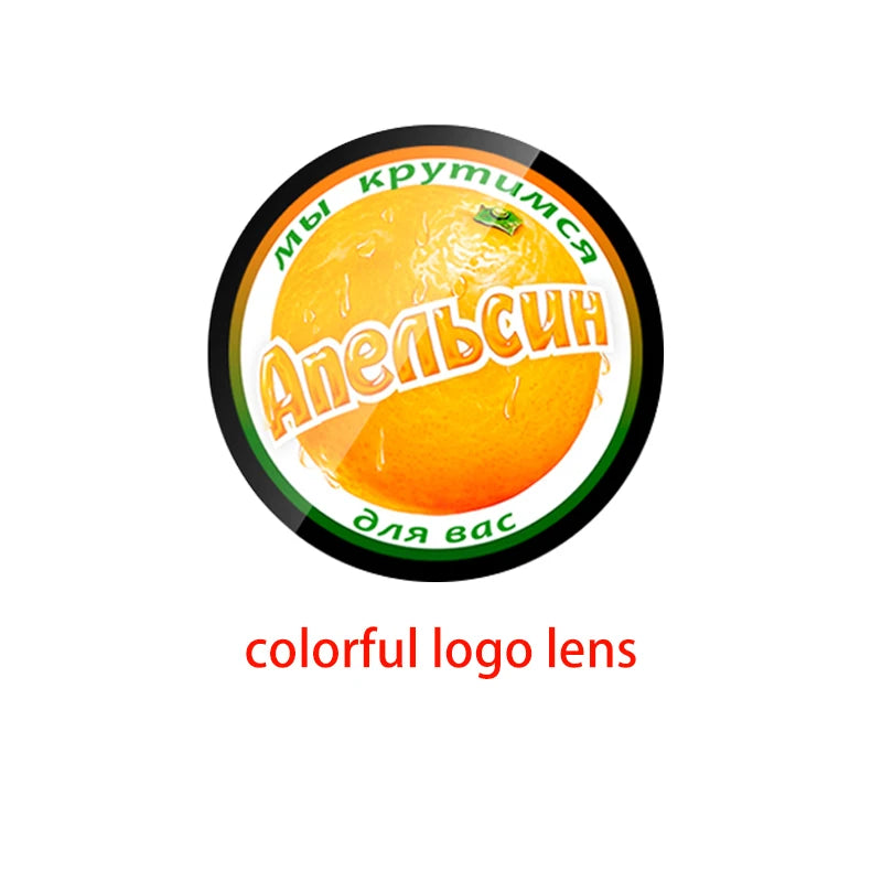 Colorful logo lens for LED logo projector with circular orange logo graphic