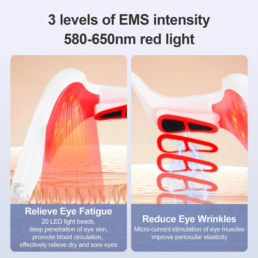 Red light eye massager glasses with 3 EMS intensity levels for anti-wrinkle care and relief of eye fatigue.