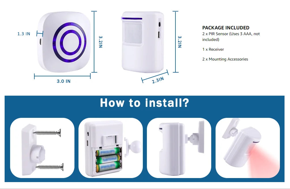 Wireless Home Security Entrance Alarm Visitor Doorbell with Plug-in Receiver and PIR Motion Sensor Warning System 38 Melodies