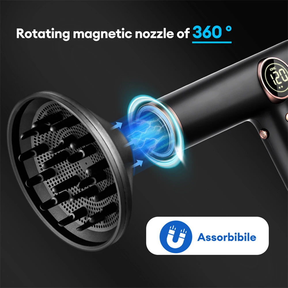 Black 1800W professional hair dryer with 360-degree magnetic diffuser nozzle and digital display for salon styling.