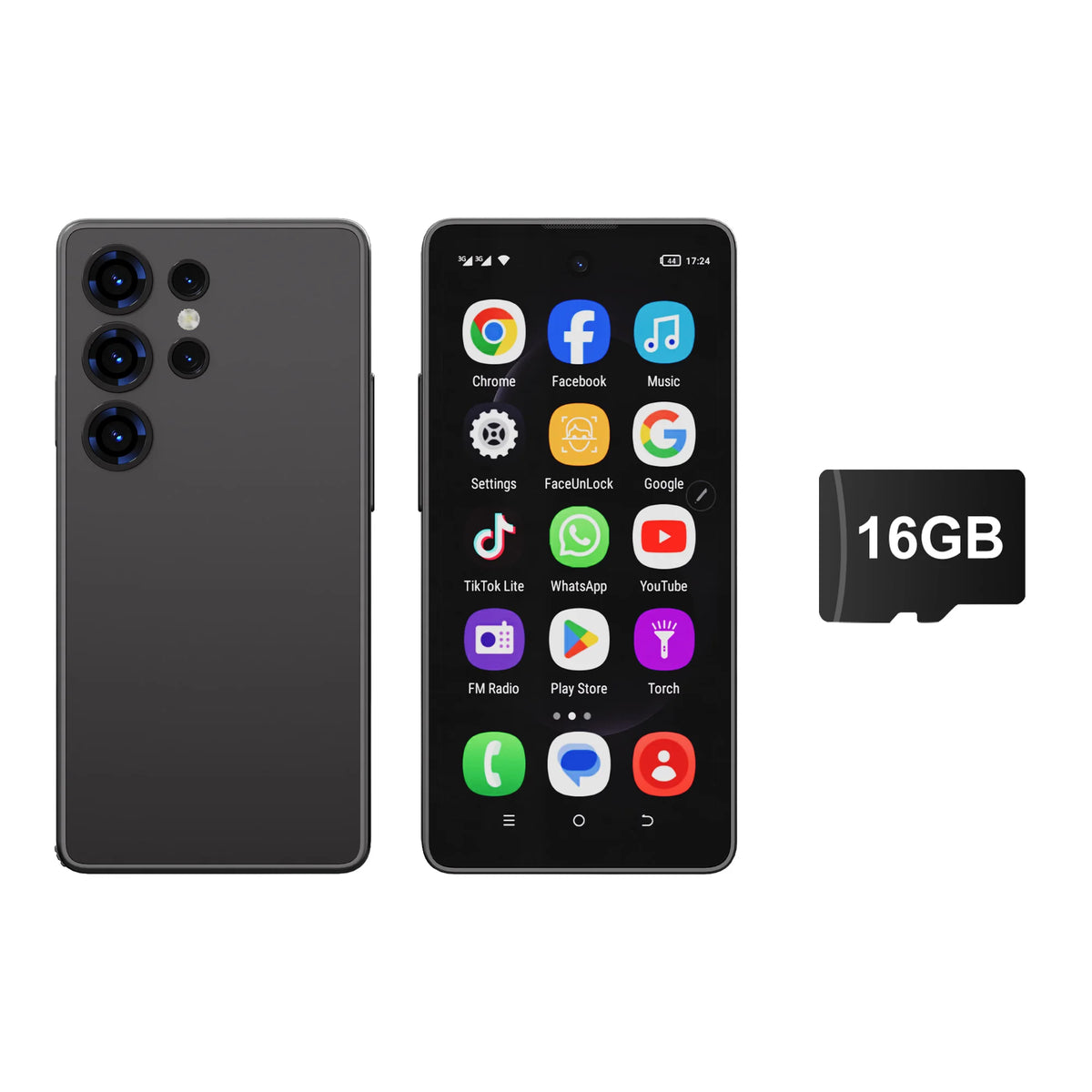 SERVO Mini Android smartphone with built-in stylus, black back and front, 16GB shown
