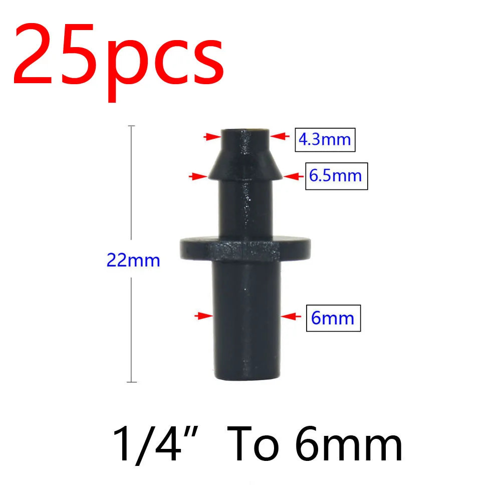 Black 1/4 inch to 6mm connector plug for drip irrigation, barbed ends
