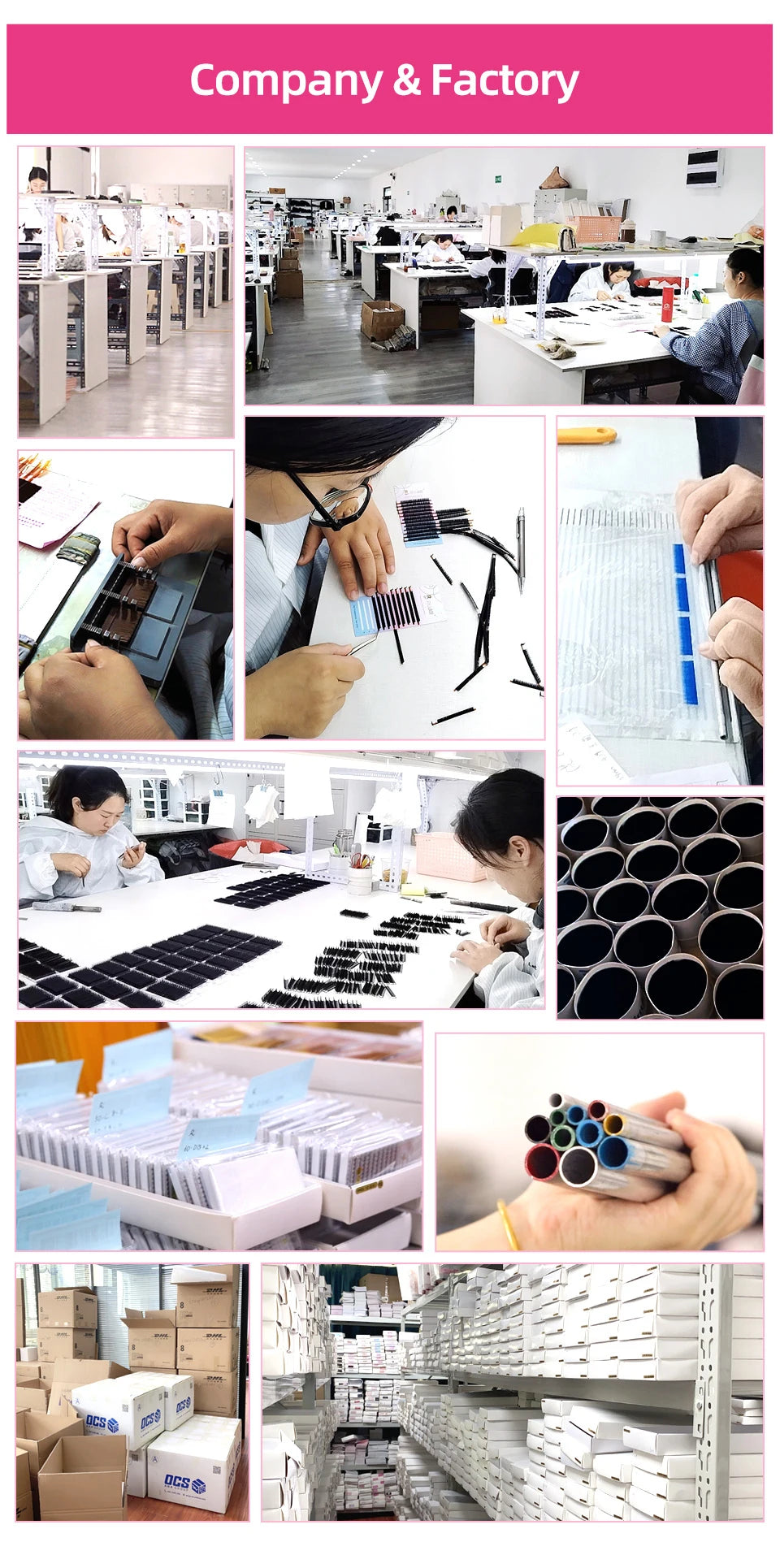 Collage of Tidesmit factory showing workers hand-crafting 0.03mm silk volume eyelash extensions and packaging products.