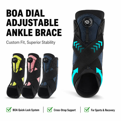 Adjustable BOA ankle brace for pain relief and stability. Available in black, blue, pink, and yellow fabric.