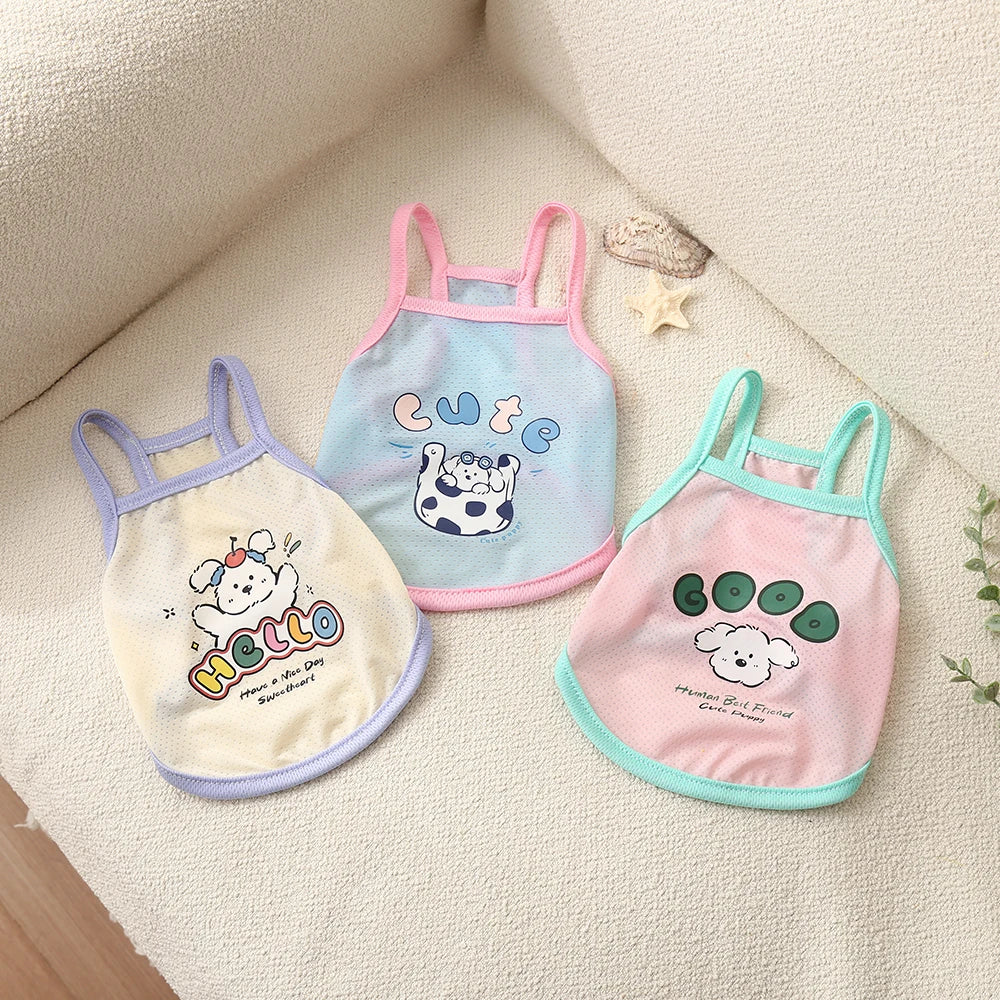 Breathable ice silk pet suspender shirts for cats and dogs in colorful summer prints to keep your pet cool.
