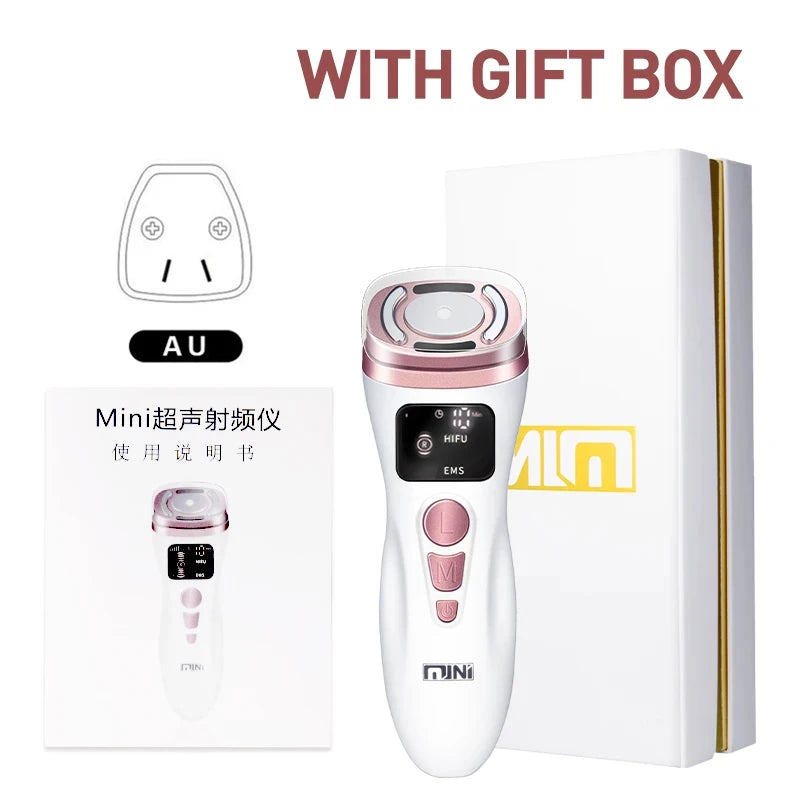 White and rose gold mini HIFU facial beauty device with digital display, buttons, power adapter, and gift box.