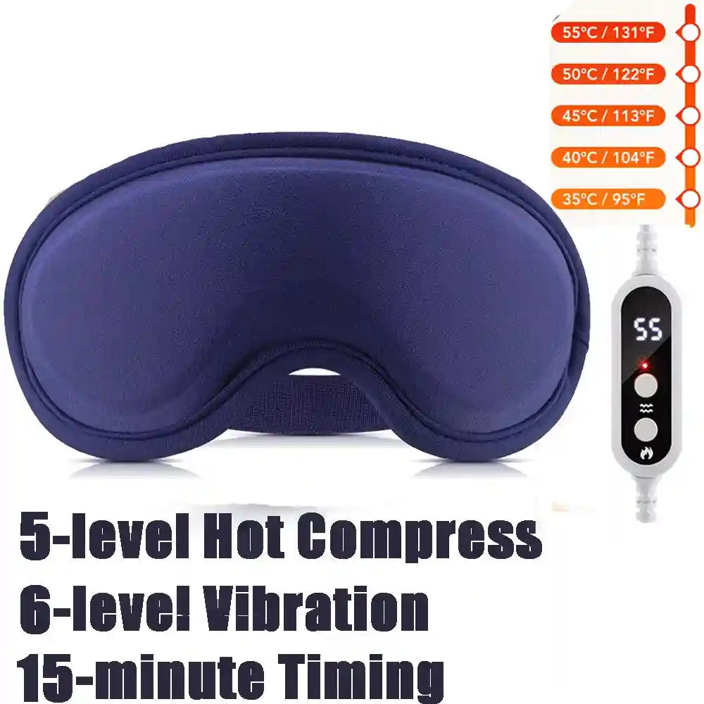 Dark blue, contoured heated eye mask with a wired remote for 5 heat levels, 6 vibration modes, and a timer.