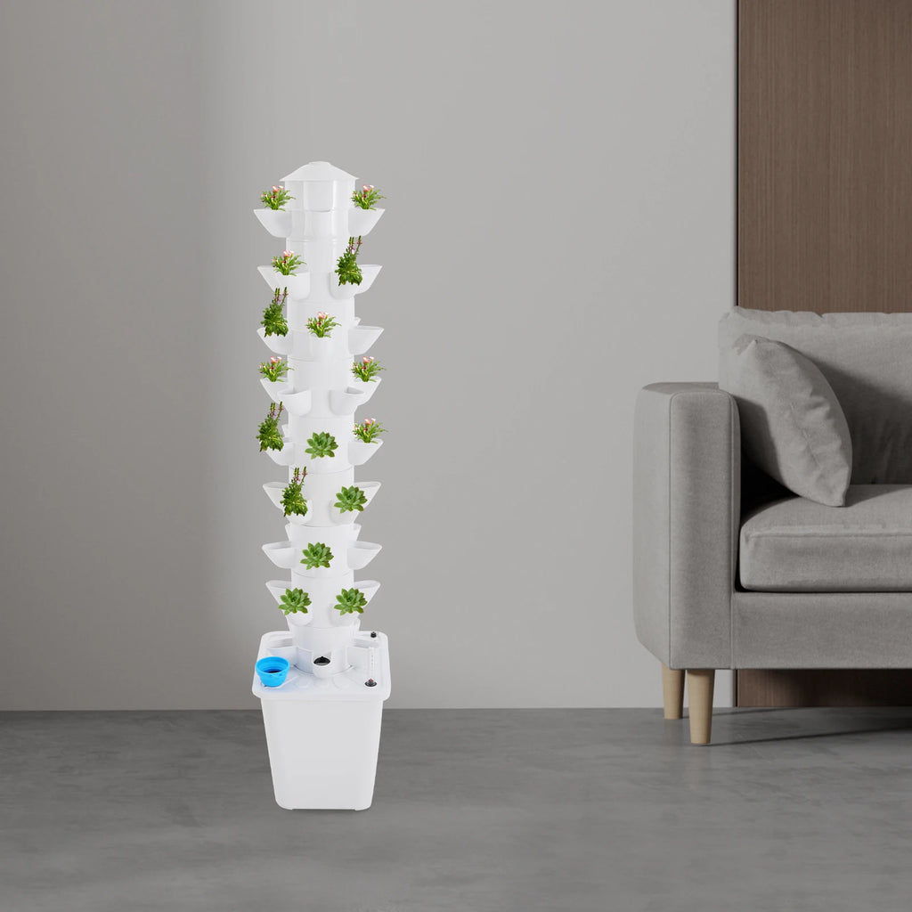 White vertical hydroponic planter tower with green seedlings and blue water inlet
