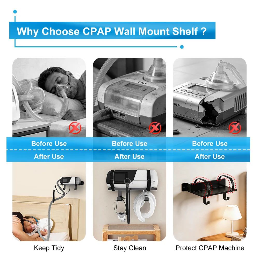 CPAP Wall Mount Shelf Compatible with S10/S11 Bedside Organizer with Adjustable Angle CPAP Hose Holder & Hook for CPAP Mask Tube