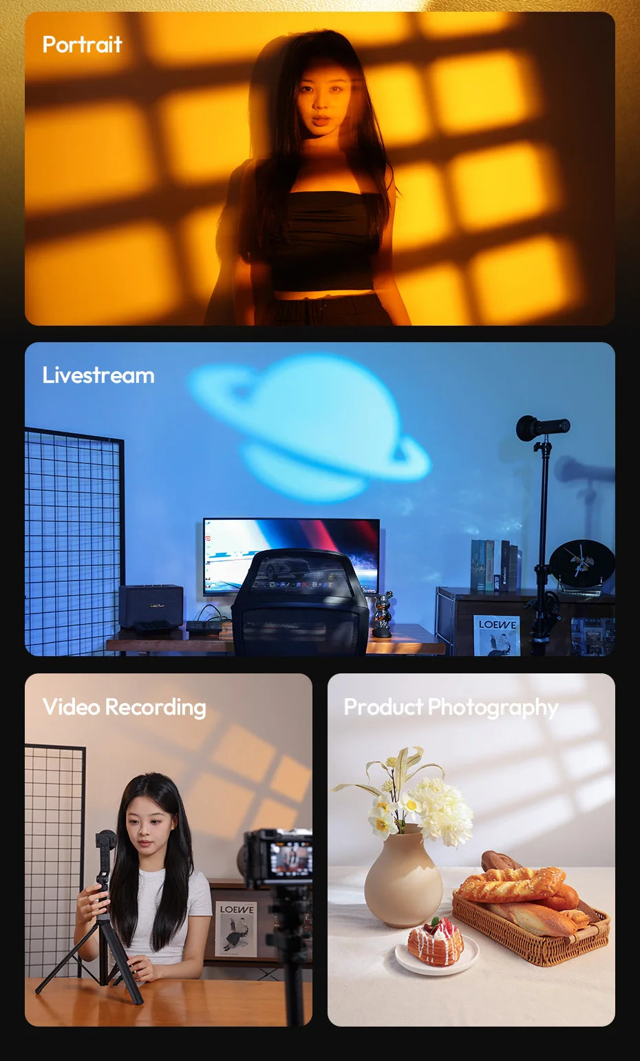 Sunset projection lamp creates various background patterns for portraits, video recording, and product photography.