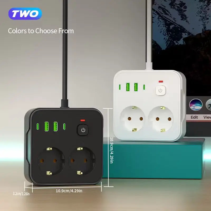 EU Plug Power Strip 2 AC 2 USB-A 2 Type-C Charging Station with Lightning Protection & Overload Safety, Wall-Mounted Outlet