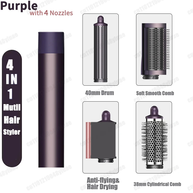 Purple 4-in-1 auto hair styler set with curling barrel, smooth comb, round brush, and dryer nozzle for salon styling.