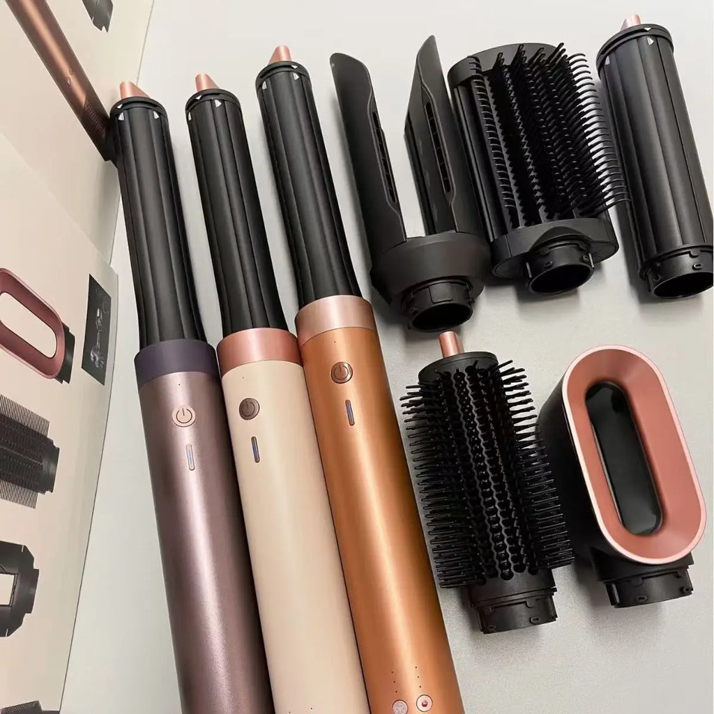 SenCiciMen 6-in-1 multi hair styler set with rose gold, beige, and grey handles, various brushes, and drying nozzles.