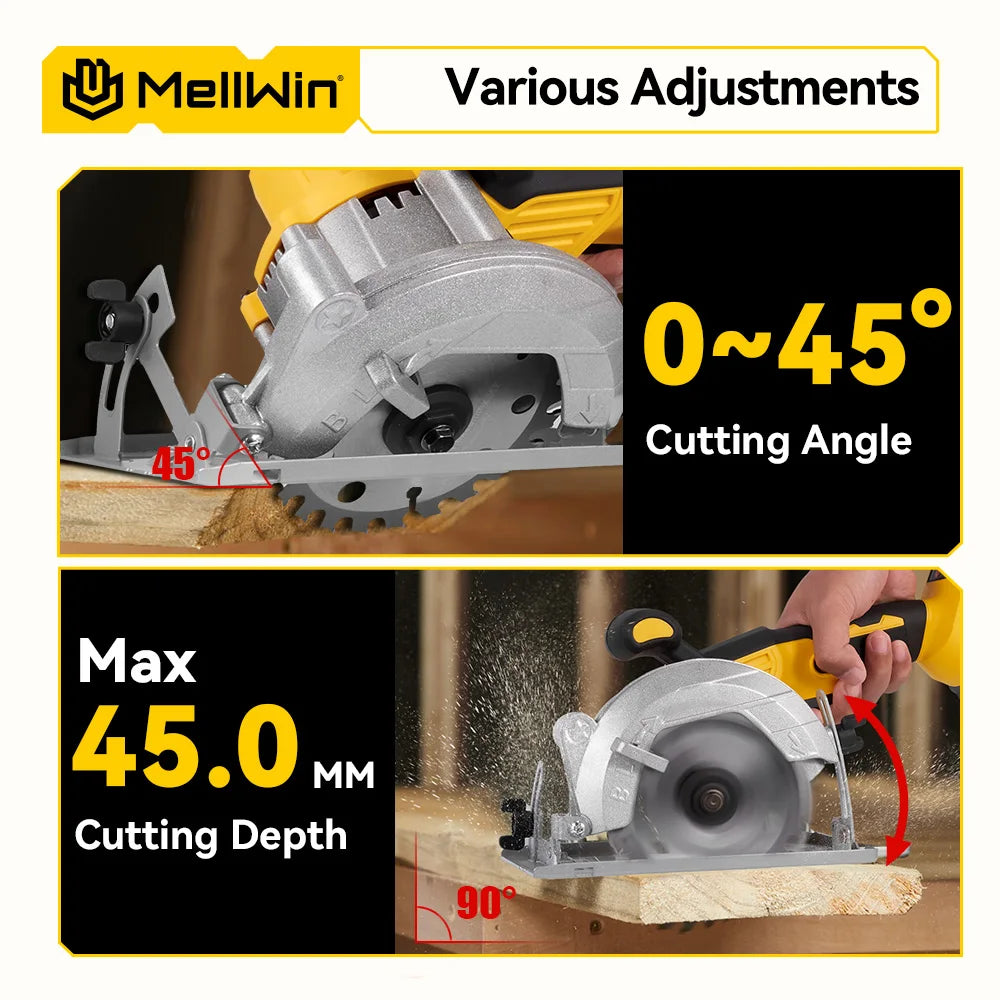 MELLWIN 5 Inch Brushless Electric Circular Saw Cordless Multi-Angle Saw Woodworking Power Tool Set For Makita 18V Battery Pin