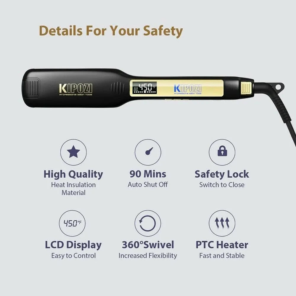 KIPOZI black titanium flat iron with LCD display, safety lock, 360° swivel cord, and PTC fast heating technology.