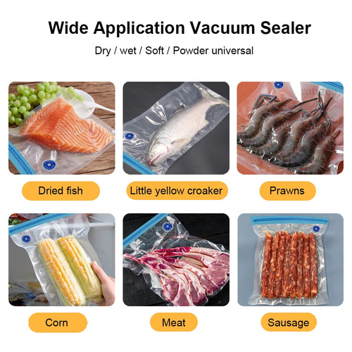 Vacuum sealed food bags showing fish, prawns, corn, meat, and sausage
