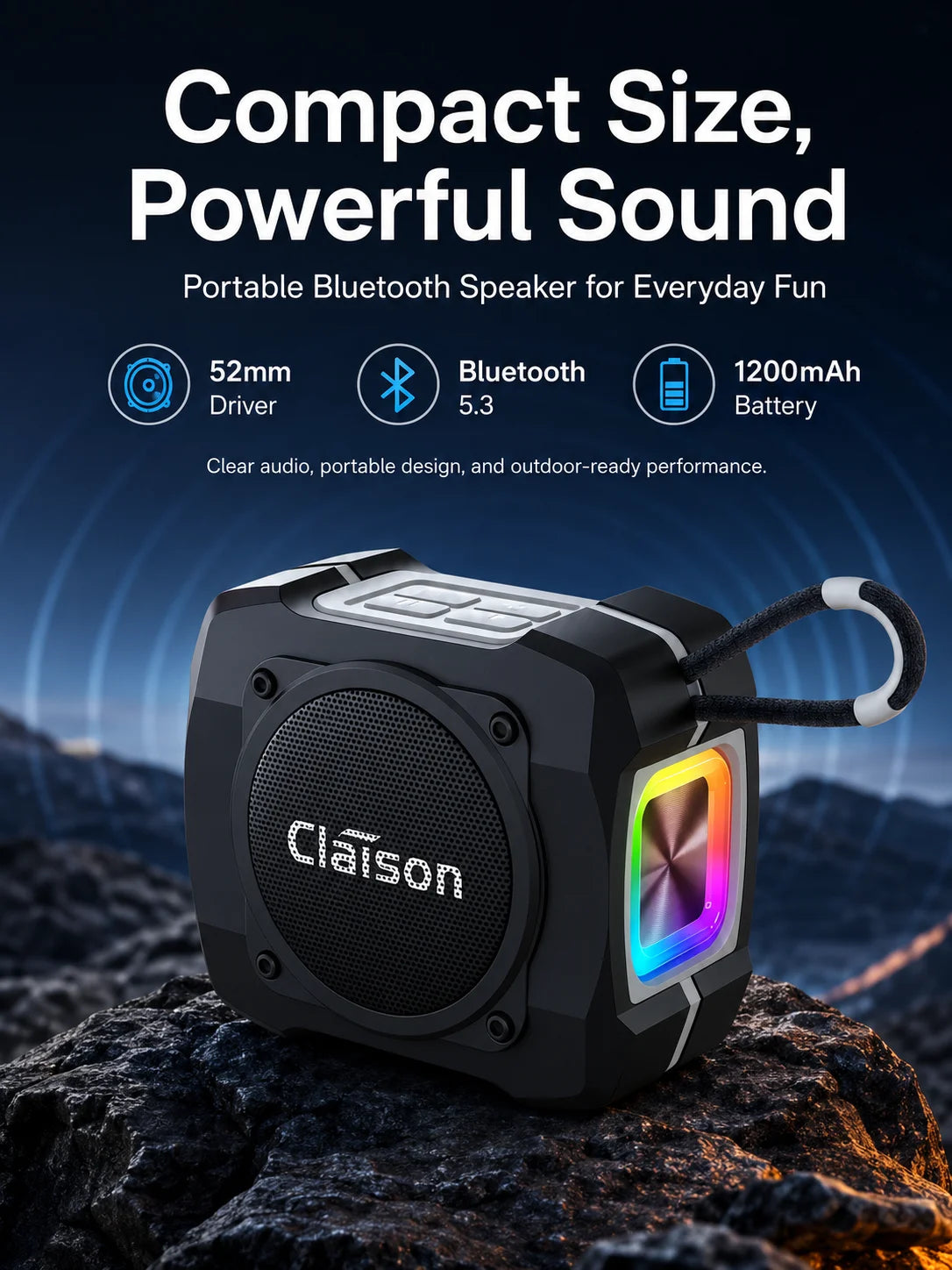 Portable Bluetooth Speaker, Bluetooth 5.3, TWS Pairing, 52mm Driver, 5W Output, 1200mAh Battery, RGB Light, FM Radio, TF Card and USB Playback, IPX6 Water Resistant Design for Outdoor, Camping, Travel and Home Use