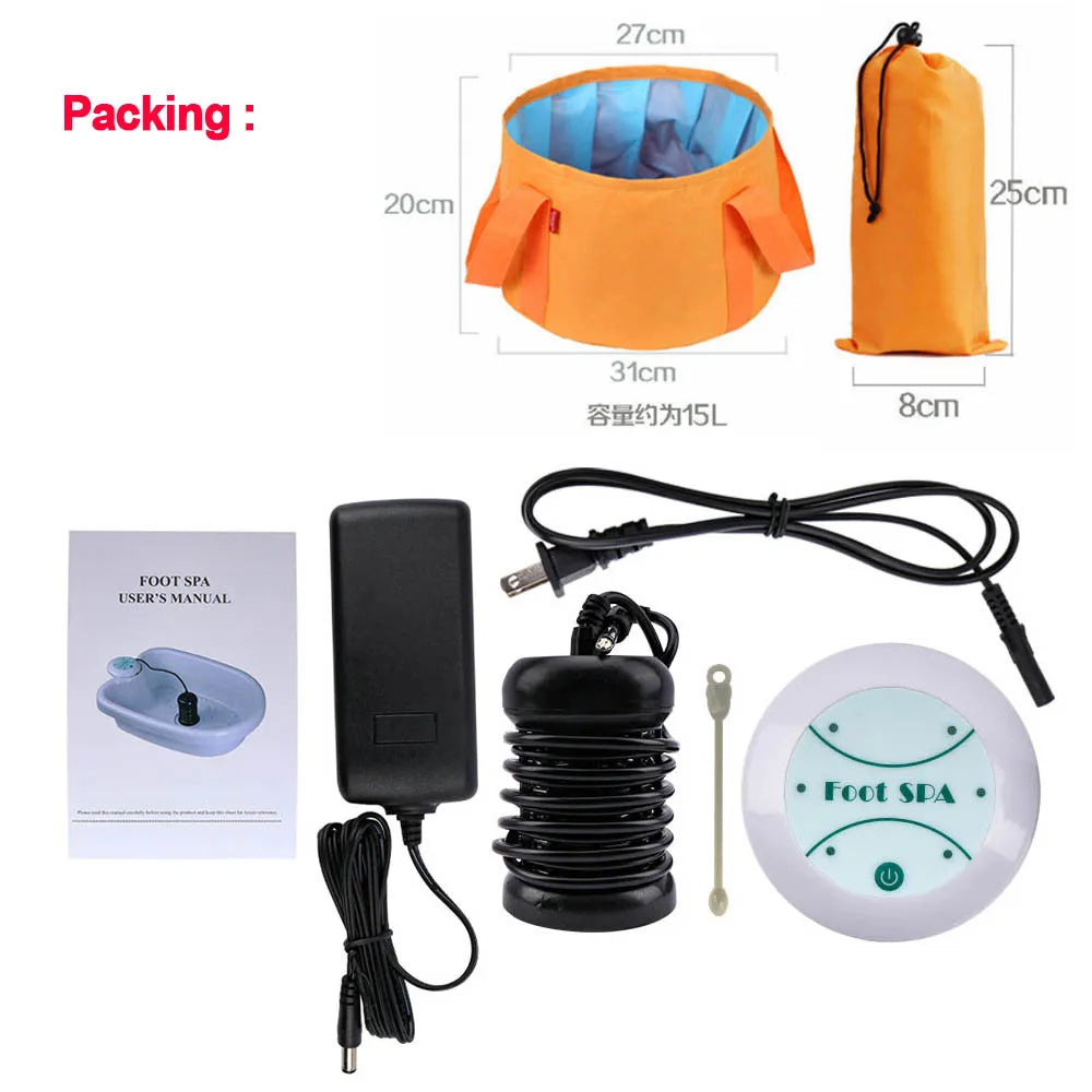 Ionic detox foot spa kit with folding basin, black detox array, power adapter, and control unit for home relaxation.