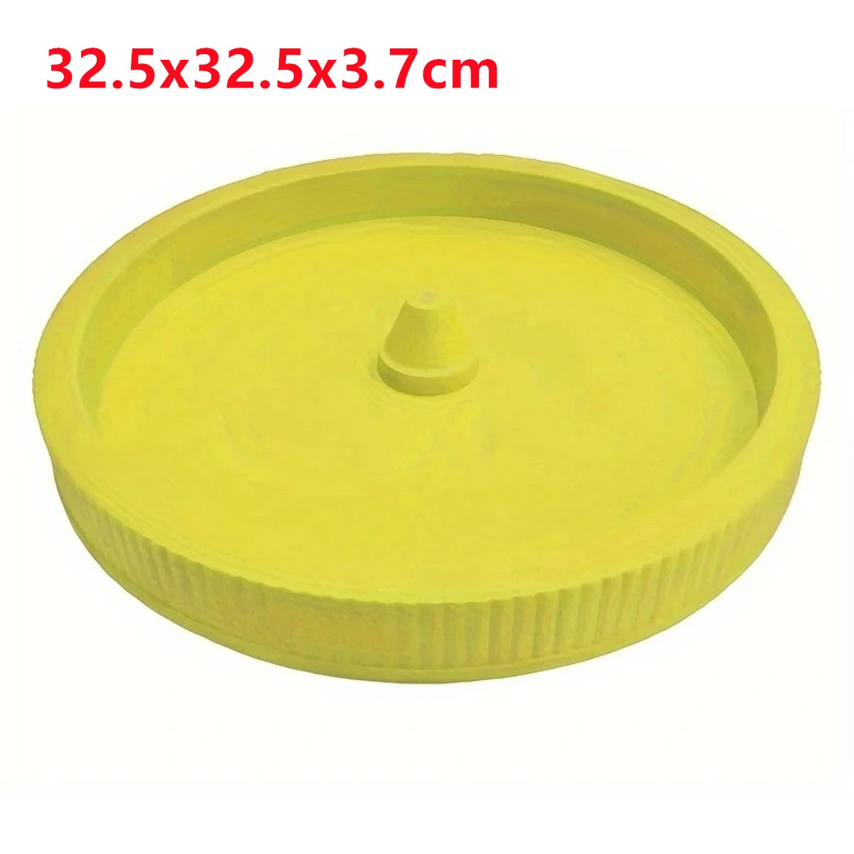 Yellow round planter tray with ribbed sides and central raised stand opening.