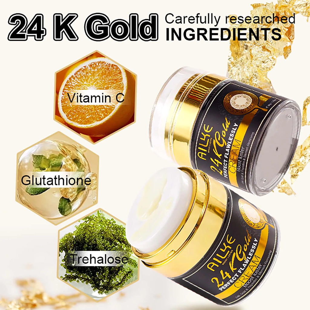 AILKE 24k Gold Flawlessly Whitening Skin Care Set For All Skin Type, Moisturizer, Reduce Black Spots, Smoothing, Brightening