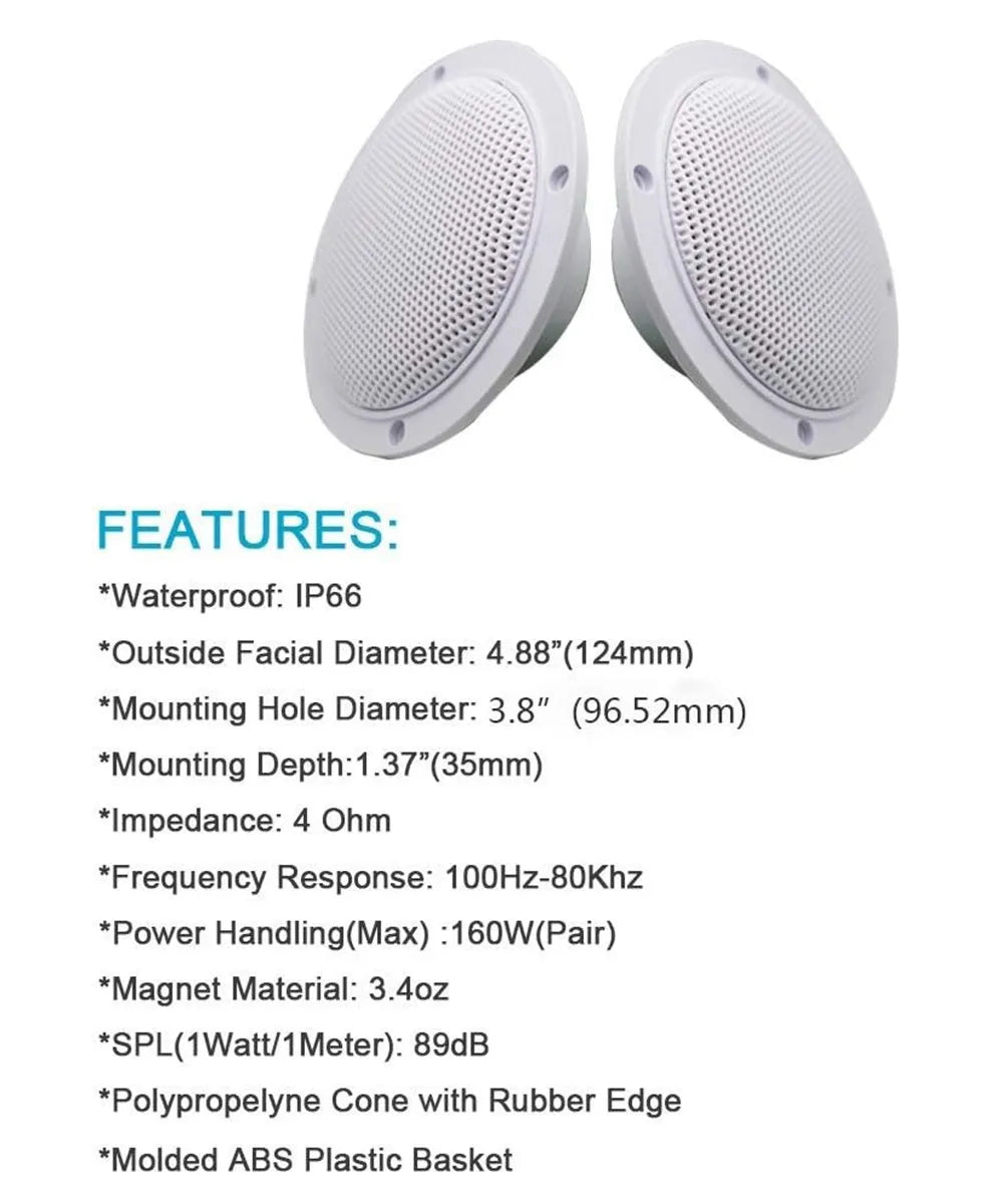 Herdio 4'' 160W 2PCS Waterproof Ceiling Marine Speaker Surround Sound Speaker For Kitchen Bathroom Yacht Outdoor Boat Home
