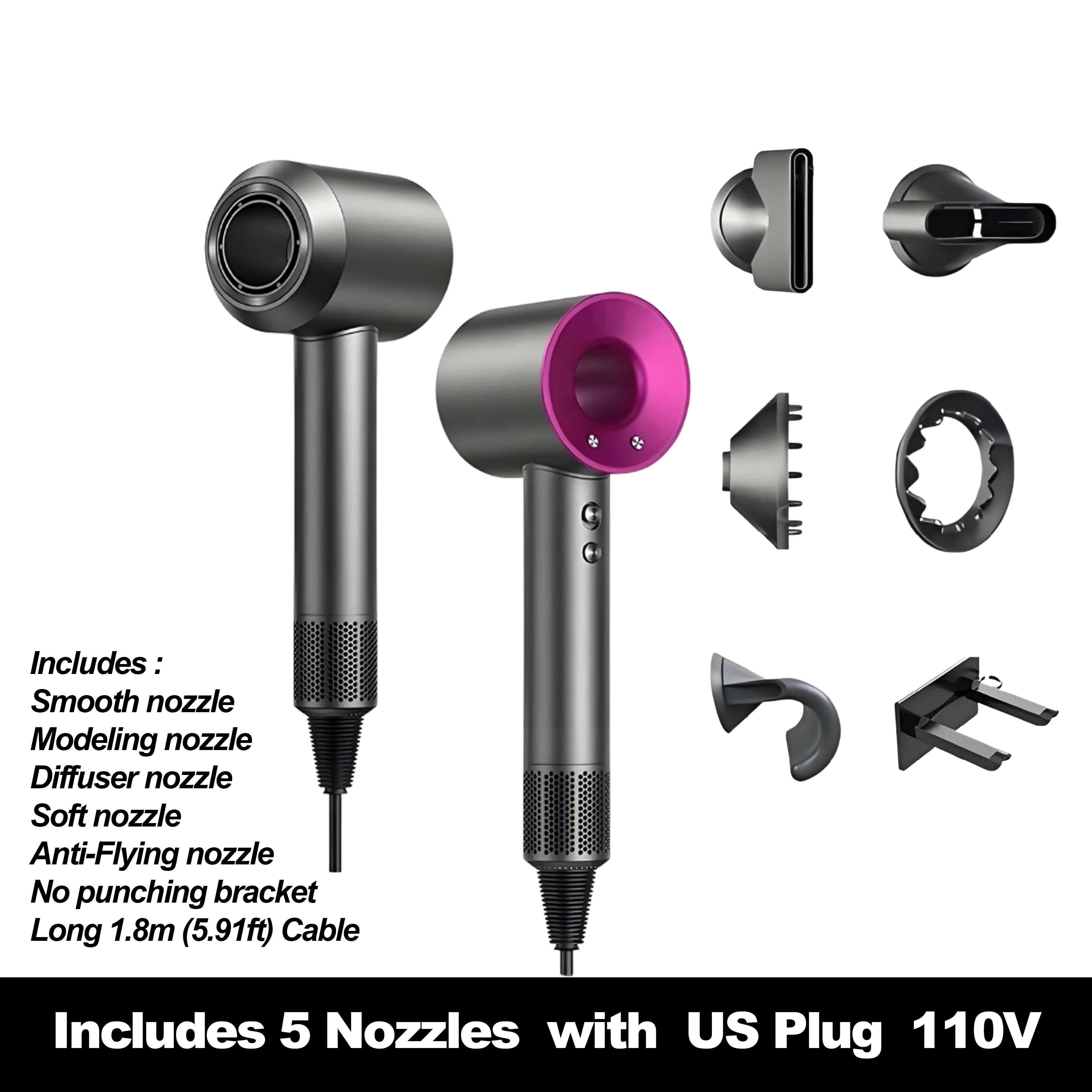 High-speed hair dryer in grey/pink with 5 nozzles, diffuser, and wall bracket for professional salon-style hair care.