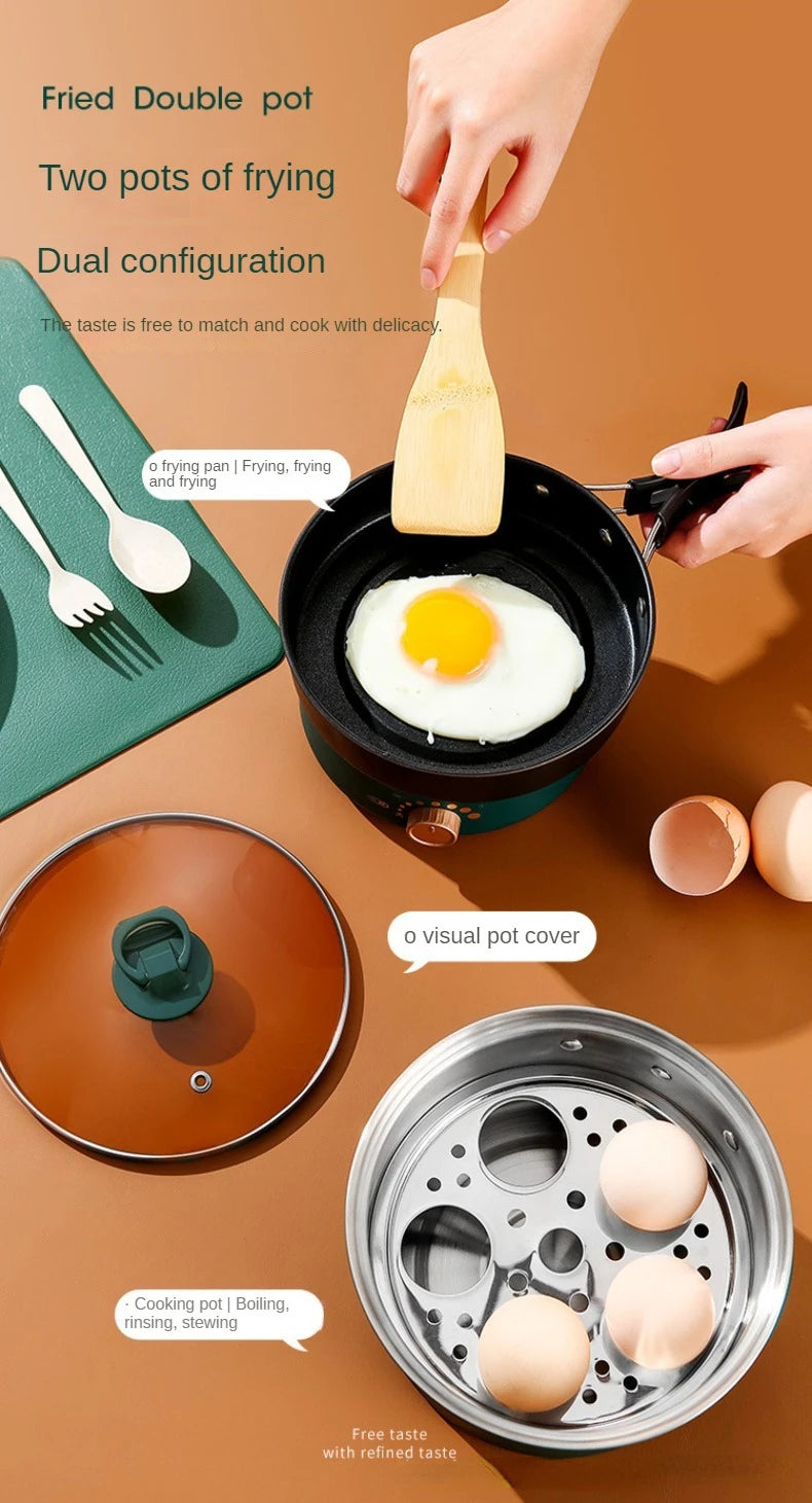 Green electric multi-cooker pot with glass lid, frying pan, and separate base
