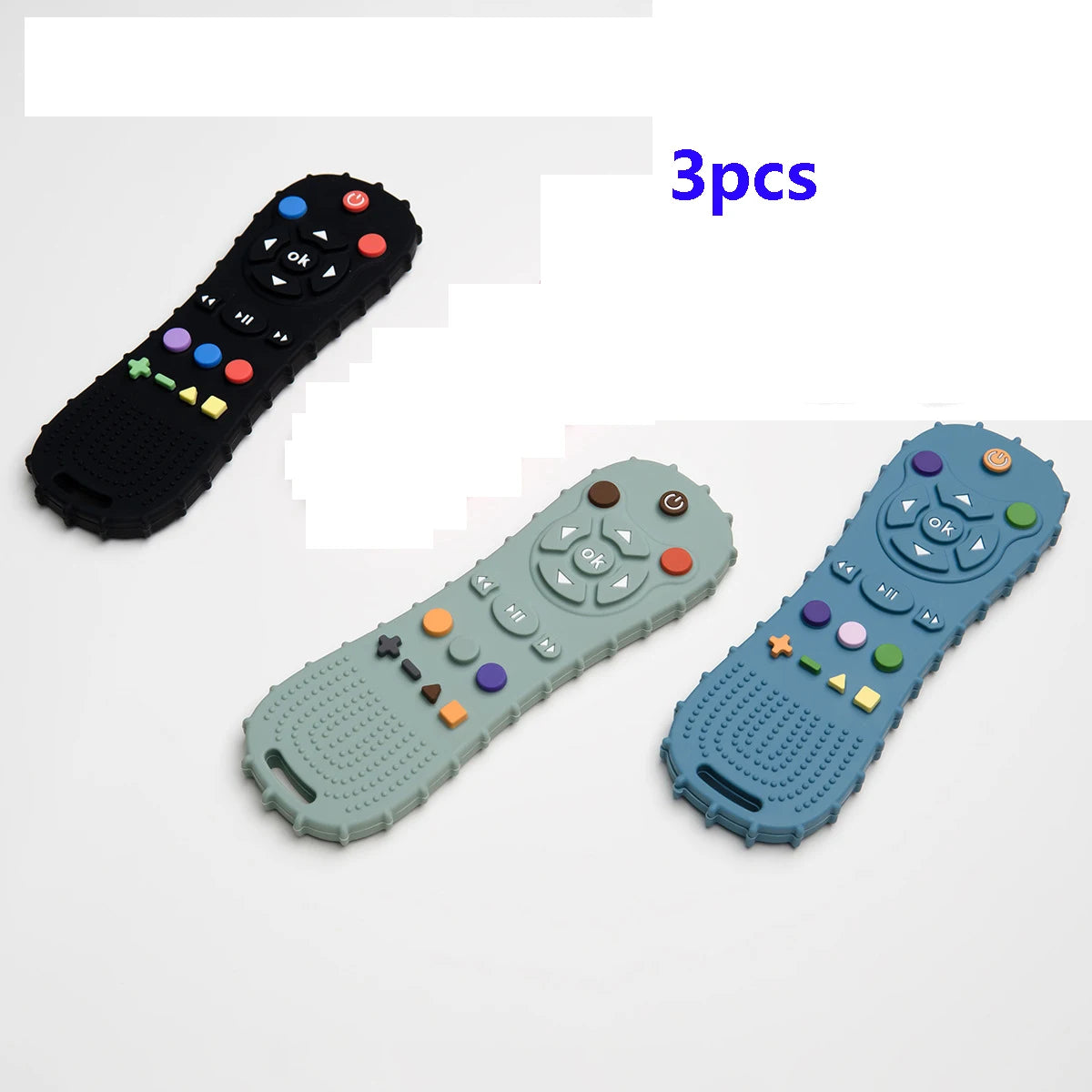 Set of 3 black, grey, and blue silicone remote control baby teething toys for soothing infants.
