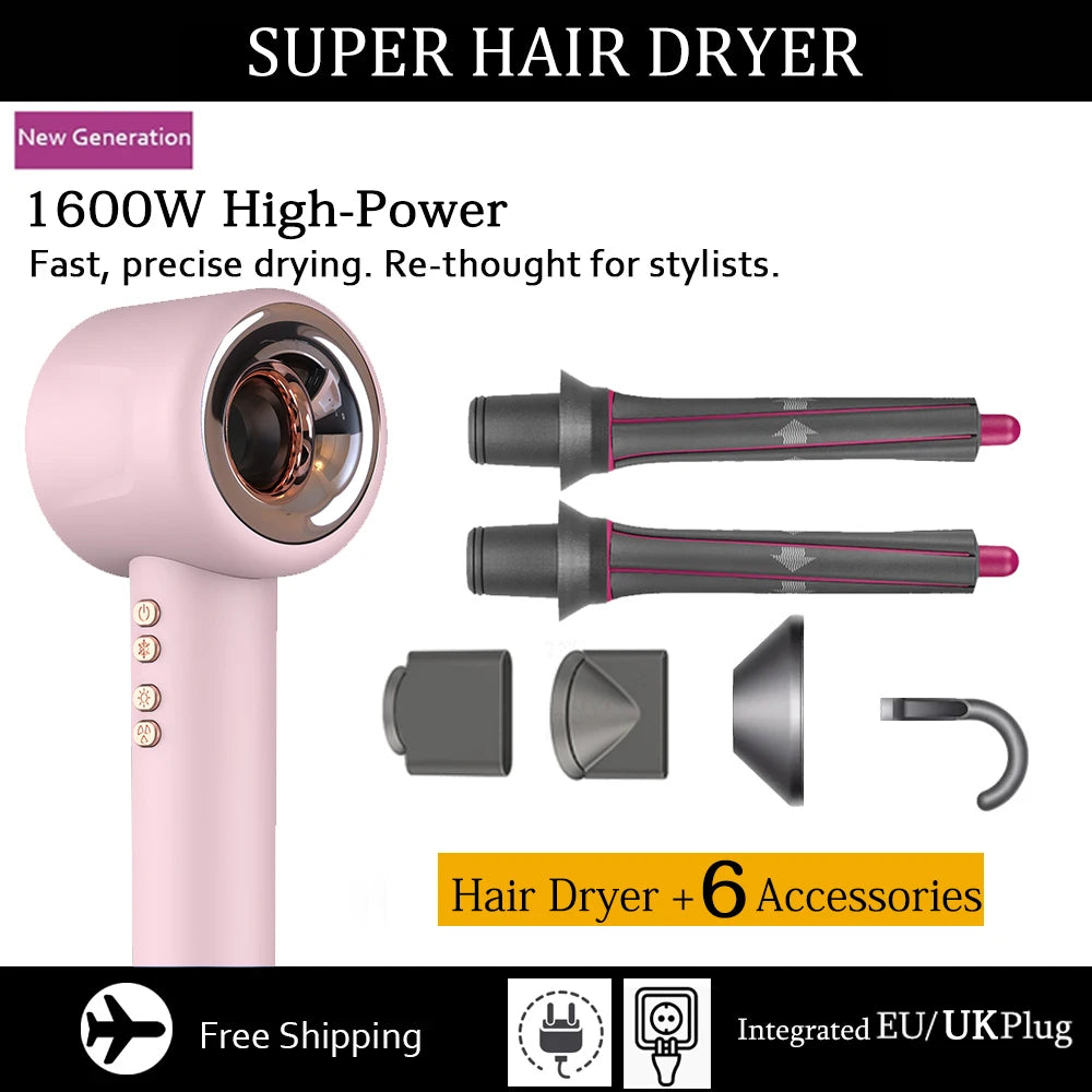 Pink 1600W leafless negative ion hair dryer with 6 professional styling attachments for salon-quality hair care.