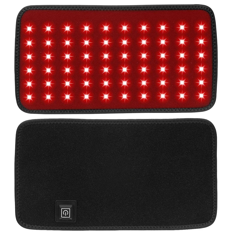 Portable red light therapy belt with 660nm and 850nm LED lights for back and waist pain relief, black and red finish.