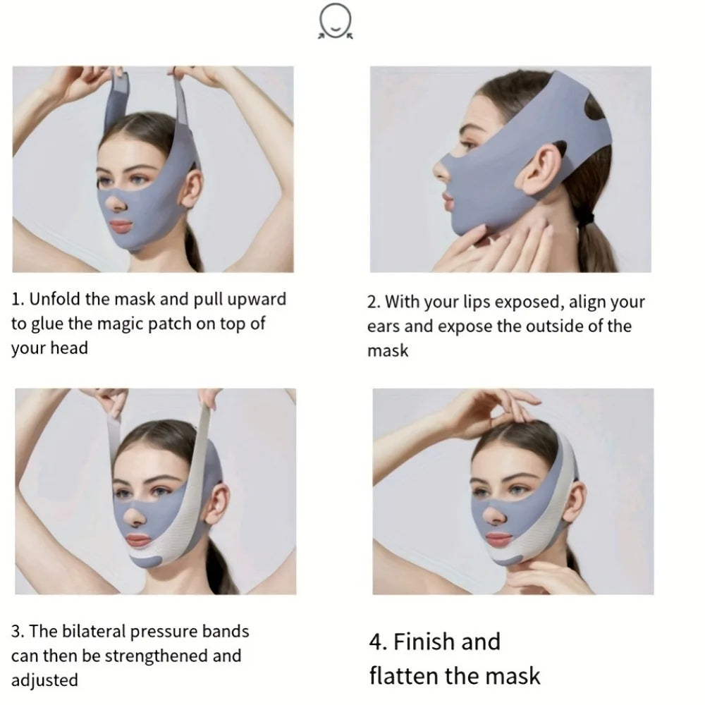 Four-step guide showing a model applying a grey, V-line face slimming strap with adjustable pressure bands.