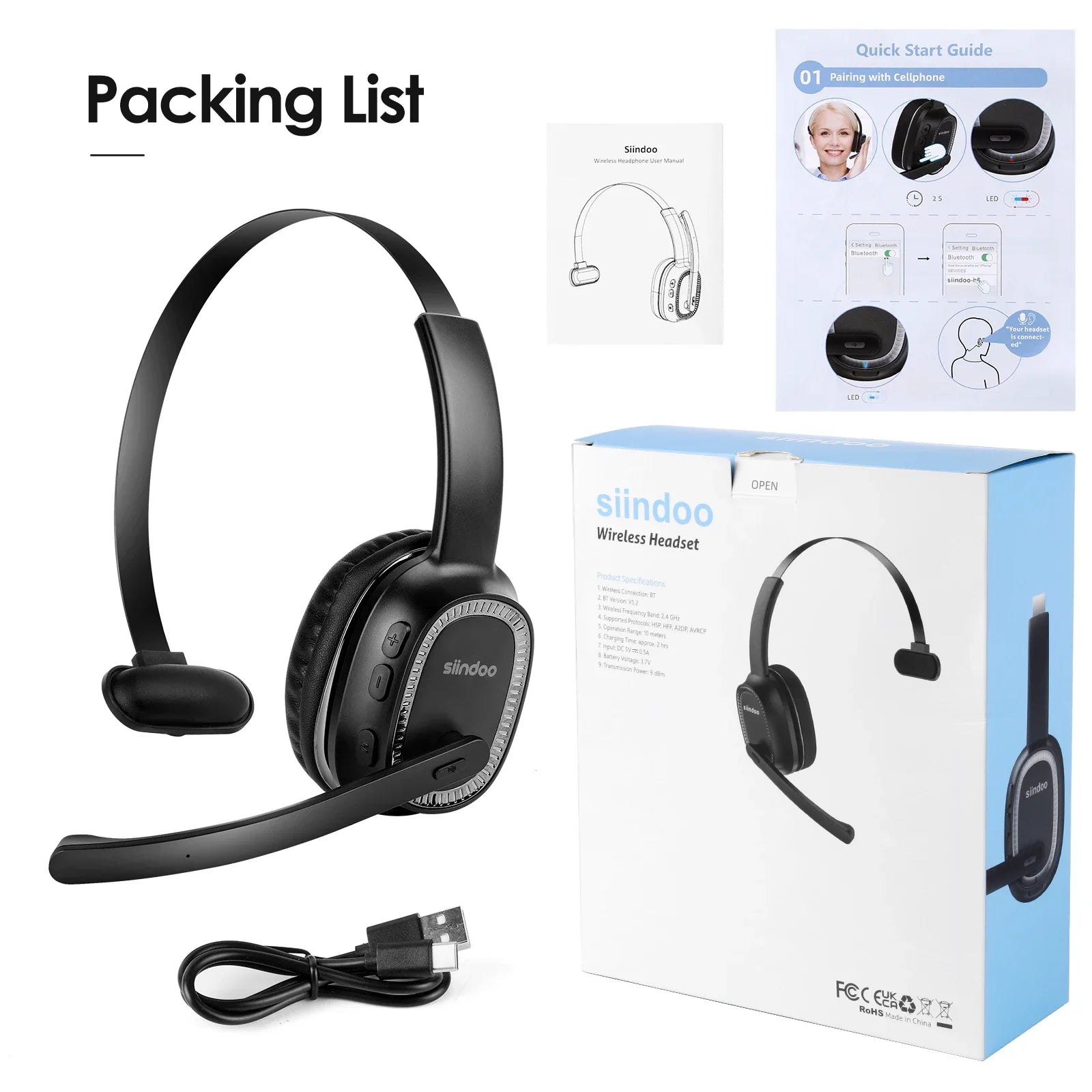 Wireless Call Center Headset with Mic - 50H Talk Time | Tidesmit Tidesmit