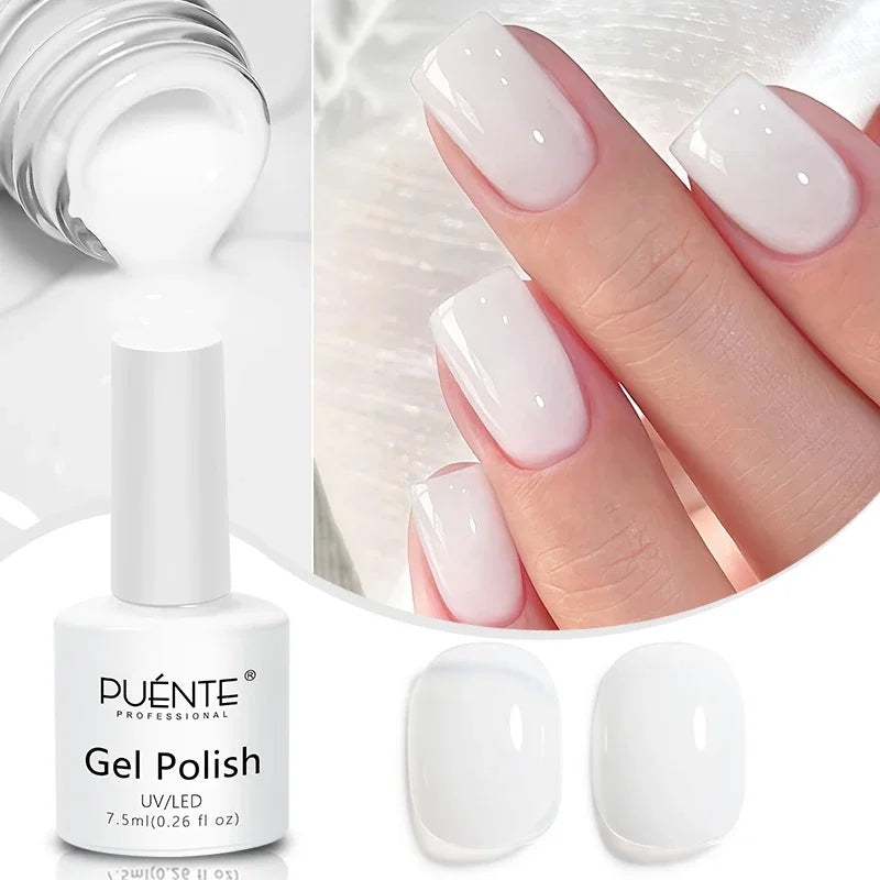 Sheer white UV/LED gel polish in a 7.5ml bottle, shown applied to square-shaped fingernails for a glossy finish.