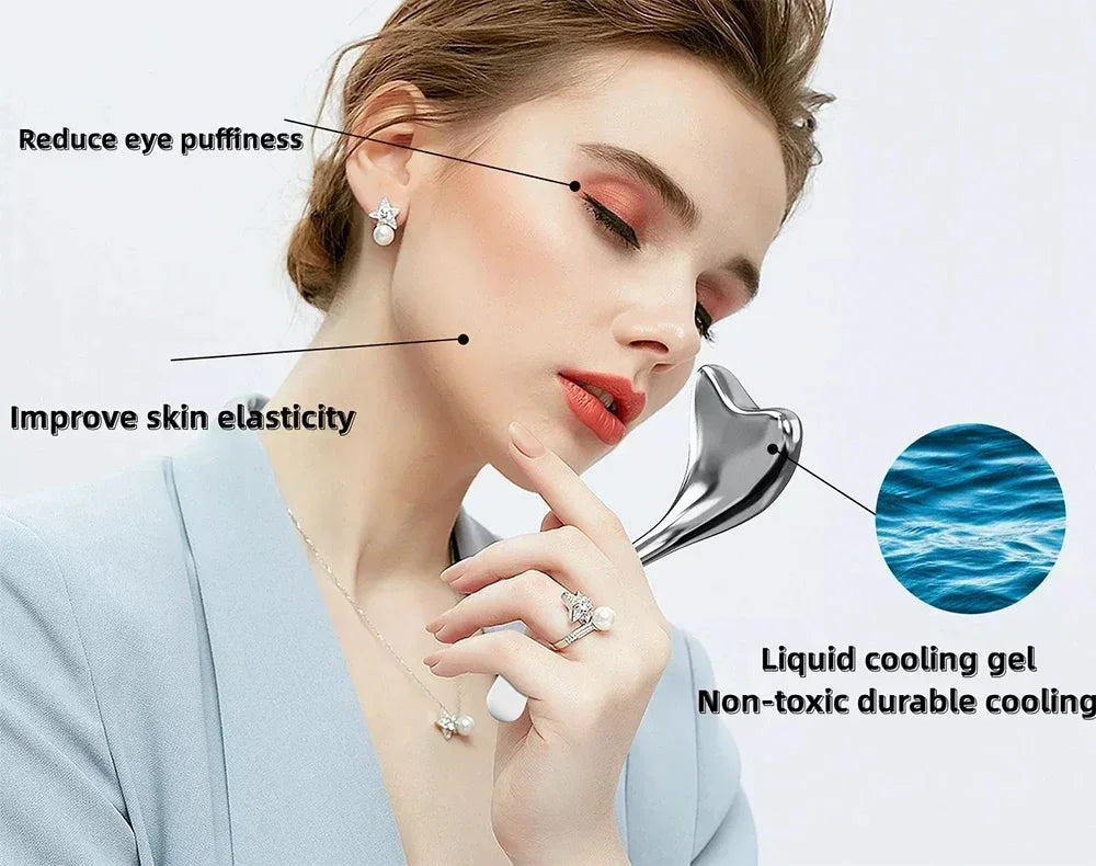 A woman using a heart-shaped, metallic rose gold cooling face massage tool with liquid gel benefits labeled.