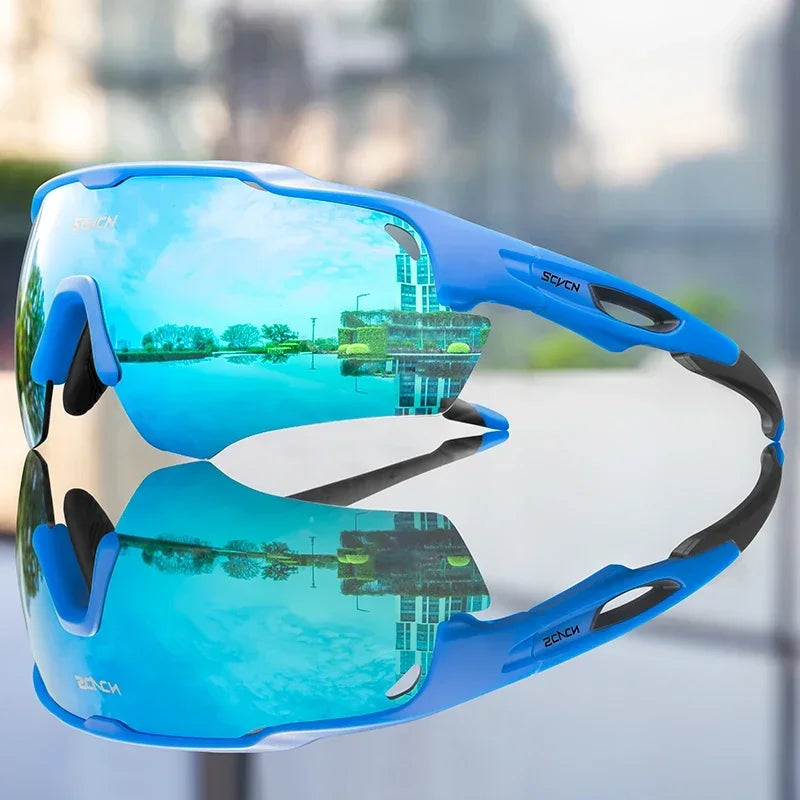 Cycling sunglasses with white-and-blue frame and blue mirrored lenses