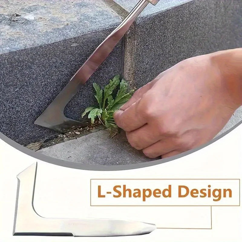 L-shaped stainless steel weeding tool with wooden handle, triangular blade for narrow gaps