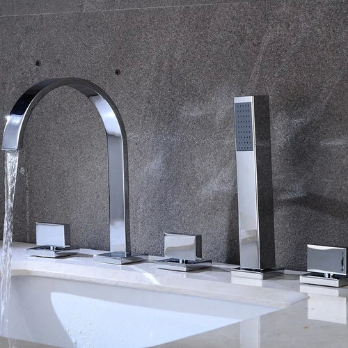 Chrome 5-hole waterfall bath faucet set with hand shower and square deck controls
