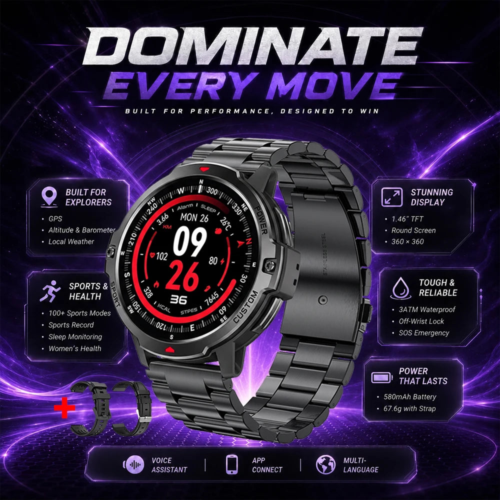 Performance GPS smartwatch with black metal-link strap and round touchscreen display