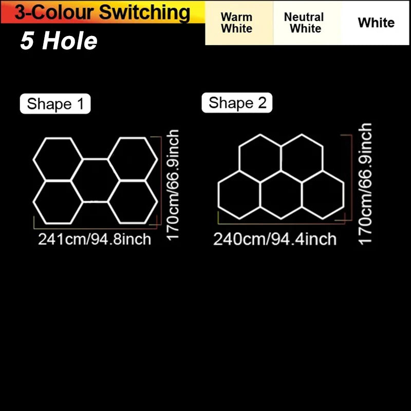 5-hole hexagon LED ceiling light layout diagram for Shape 1 and Shape 2