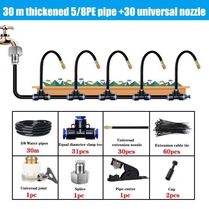 Universal 30m misting spray pipe kit with black hoses, universal nozzles, connectors