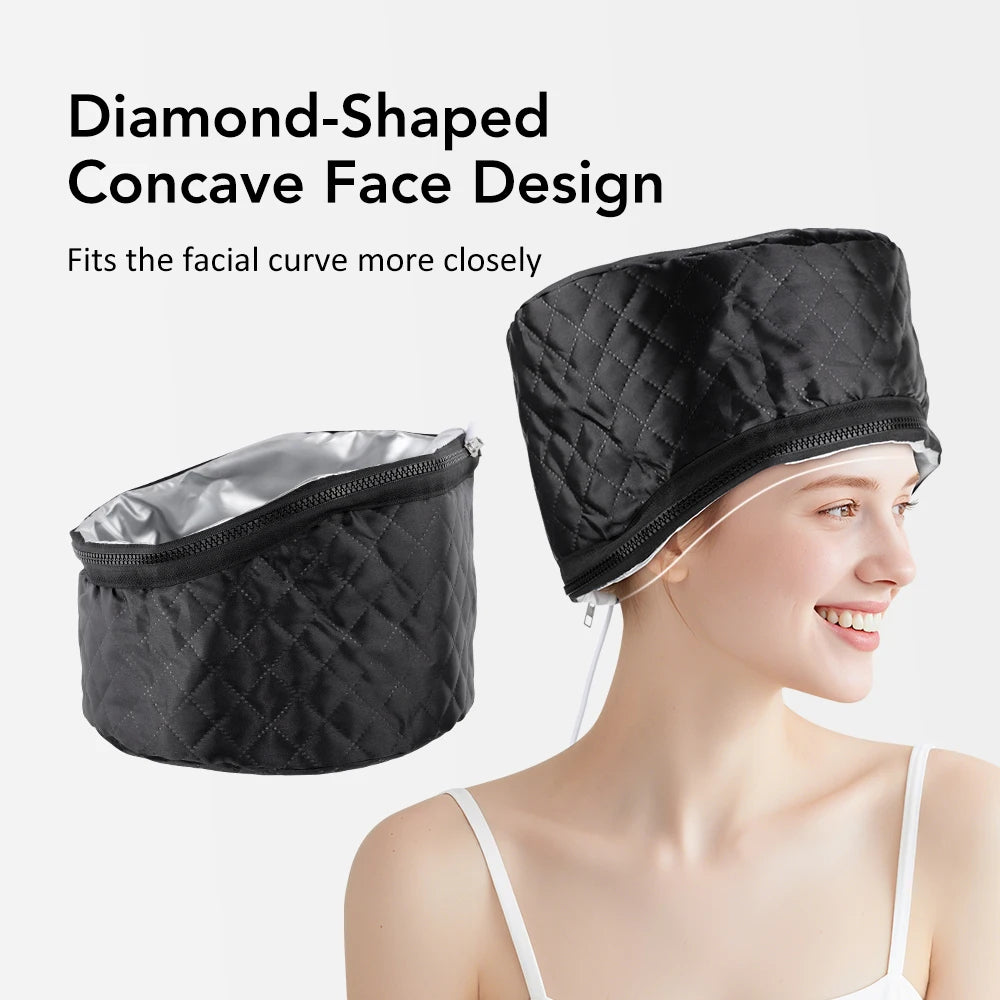 Black quilted PU leather electric hair steamer cap for deep conditioning with a comfortable diamond-shaped design.