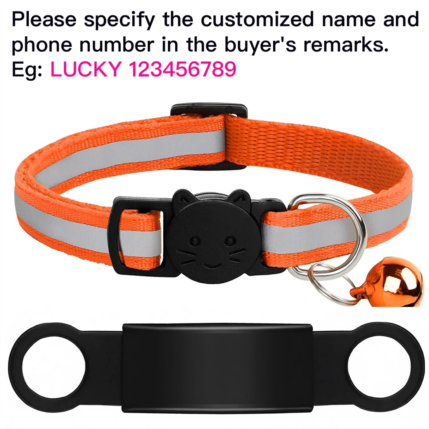 Customized orange reflective cat collar with anti-lost ID tag, engraved nameplate, and safety bell for pets.