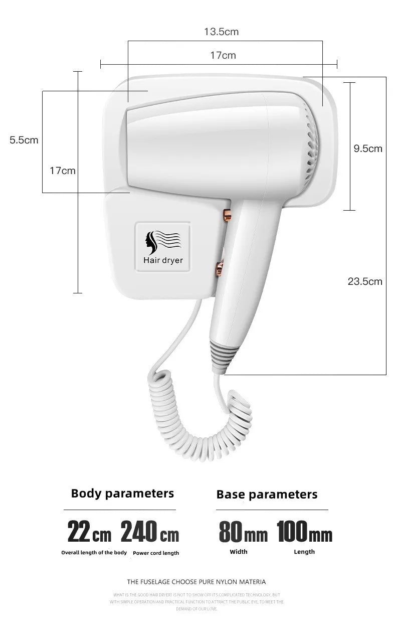 White wall-mounted 1300W hair dryer with coiled cord, base dimensions, and negative ion technology for bathroom use.